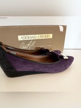 Donald J. Pliner Purple Suede Bow Wedge Flats with Gold Accent